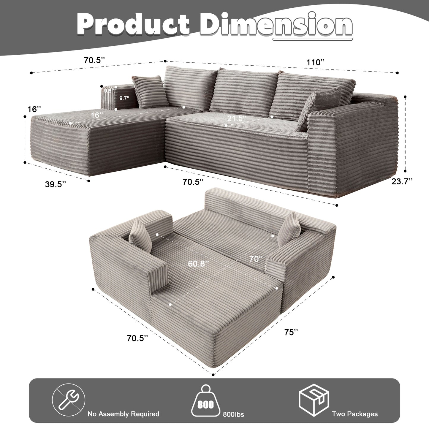 L-Shaped Convertible Sofa Bed – Soft Textured Fabric Floor Couch & Sleeper