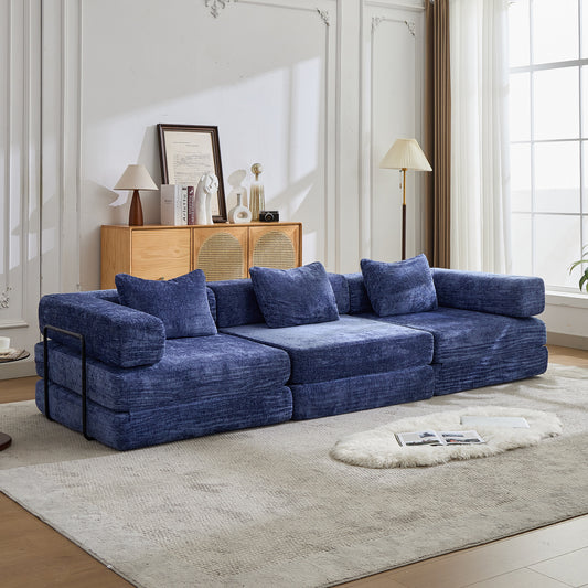 Compression Convertible Floor Sofa Bed, Fixed-Shape Boneless Modular Sectional, No Assembly, Chenille Fabric, Dark Blue
