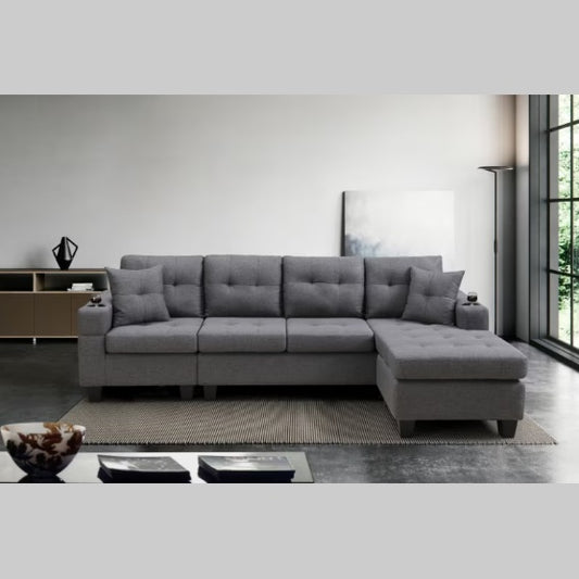 Modern Grey Sectional Sofa with Cup Holders, Pillows & High-Density Foam