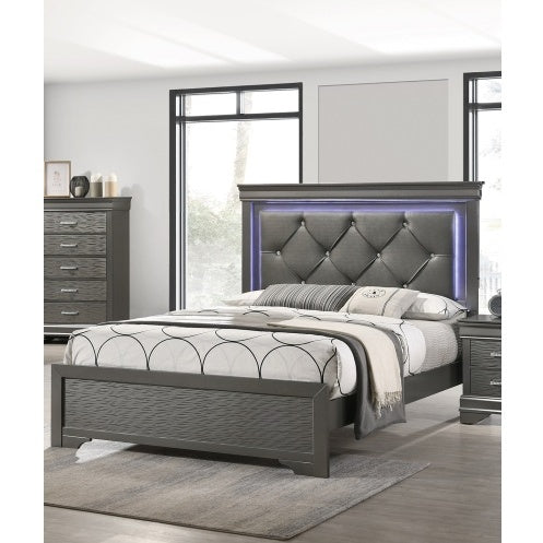 Queen Bed with LED Tufted Dark Gray Faux Leather Headboard – Solid Wood Frame, Modern Bedroom Furniture