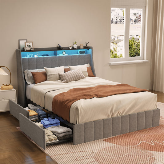 Queen Bed Frame with LED and Storage Drawers – Wings Headboard, Light Gray Linen Upholstery