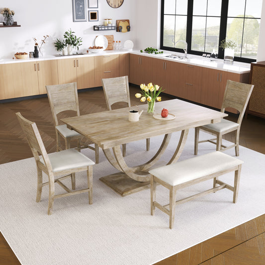 6-Pieces Wood Half Round Dining Table Set With Long Bench & 4 Chairs