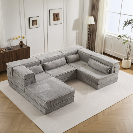Compression Mahjong Sofa – Convertible Floor Sofa Bed, DIY Boneless Modular Sectional, No Assembly, Circle Fleece Fabric, Oversized 4-Seater with Ottoman, Light Grey