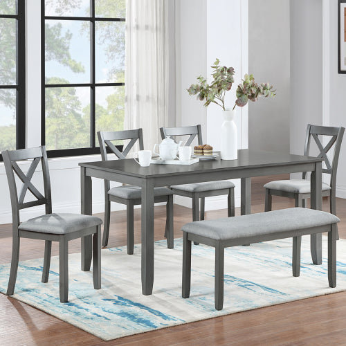 6-Piece Kitchen Dining Set – Rectangular Wooden Table with 4 Upholstered Chairs and Bench, Seats 6, Gray