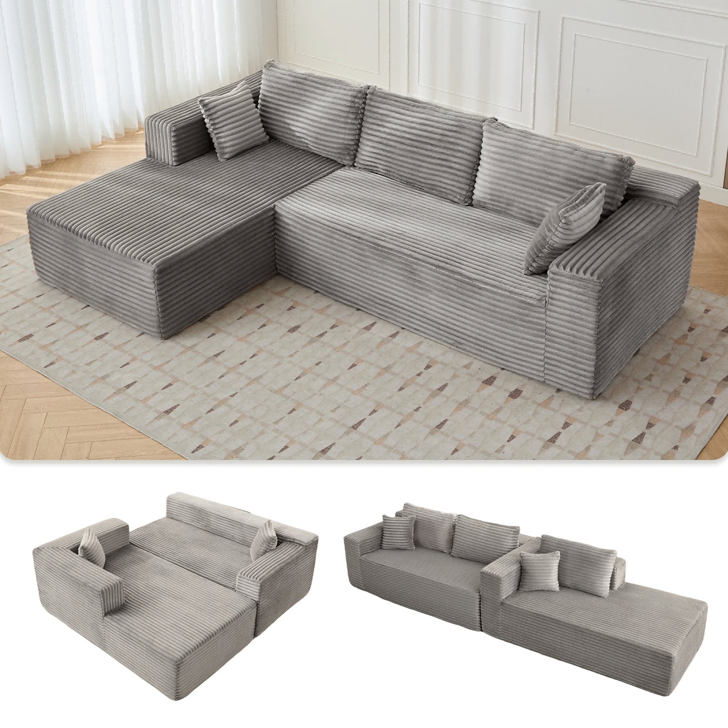L-Shaped Convertible Sofa Bed – Soft Textured Fabric Floor Couch & Sleeper