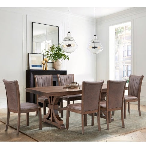 Rectangular Rubberwood Dining Table for 6-8 – Mid-Century Modern with Trestle Pedestal Base, Oak