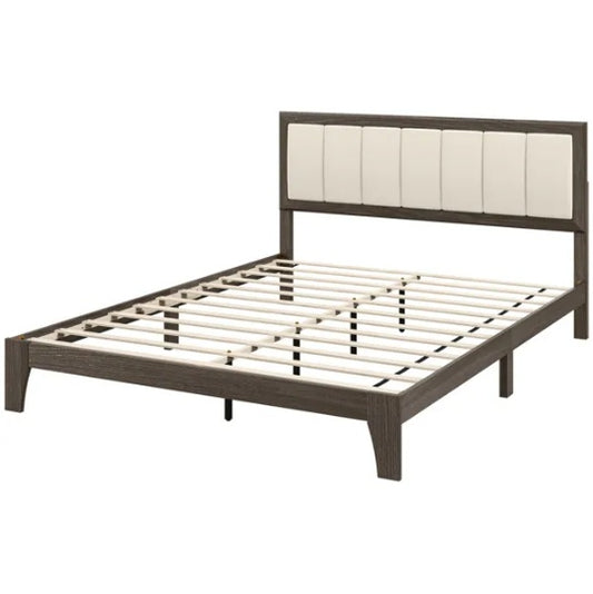 Queen Bed Frame with Linen Fabric, Walnut/Beige, Solid Wood Slats, No Box Spring Needed